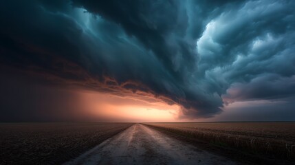 Obraz premium Dramatic Skies Over Open Agricultural Field at Sunset