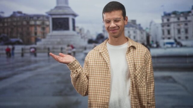 Man with glasses wearing a beige checkered shirt holds out palm in a wet street near a large monument and public plaza, slight smirk on his face; playful curiosity.