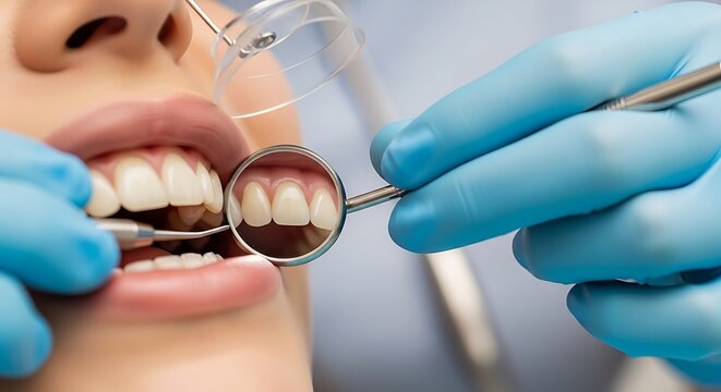 Professional dental checkup close-up with dentist examining healthy white teeth using mirror and probe, oral hygiene care and preventive dentistry concept