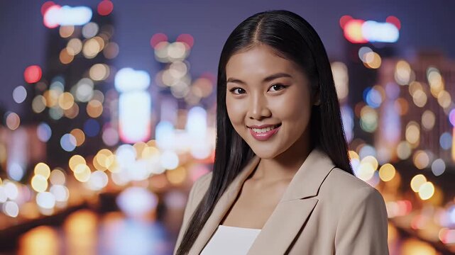 Young Woman Smiling Confidently in Bright City Night Background