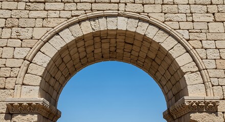 Naklejka premium Ancient stone archway with carved floral motifs, classical architecture design, historic masonry structure, blue sky background, timeless engineering heritage
