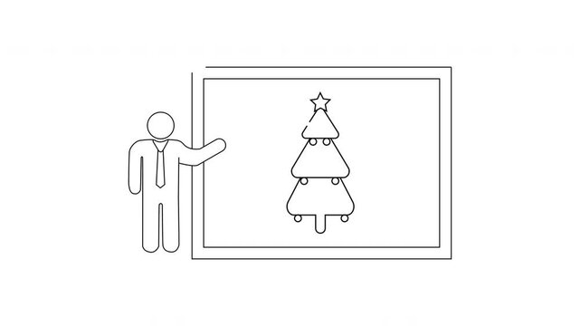 Man presenting a Christmas tree on a whiteboard.
