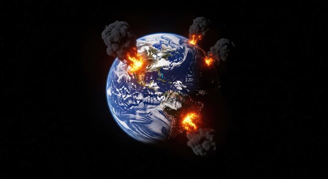 Vista cinematogr&aacute;fica del planeta Tierra ardiendo en llamas desde el espacio, entre explosiones y humo negro antes de un violento cataclismo, apocalypse, destruction, astronomical