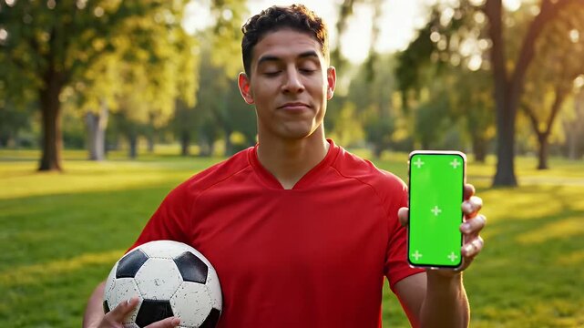 Smiling Young Man Pointing at Green Screen Phone in Sunny Park