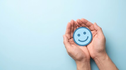 Fototapeta premium Hands holding a blue coin with a smiley face on a light blue background good luck background