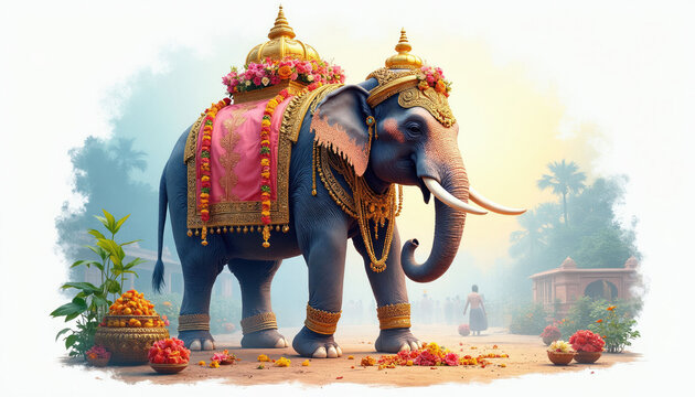 Decorated elephant walks during Tamil New Year celebration. Decorated elephant wears golden ornaments and pink fabric. Flowers adorn its head and body. People in background witness event.