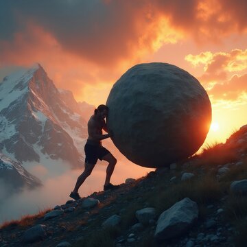 Man pushes huge rock uphill on mountain slope. Dramatic sunset sky with clouds. Epic struggle against odds. Persistent effort, hard work, determination.