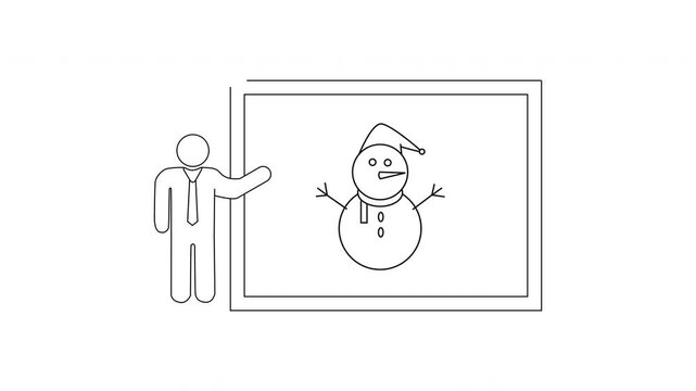 Man presenting a drawing of a snowman on a whiteboard.