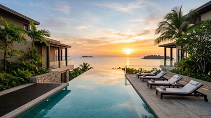 Plakat Luxury Tropical Resort Infinity Pool with Ocean Sunset View