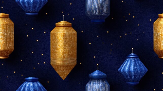 vesak lantern pattern, repeated elegant vesak lantern pattern on deep blue background with warm glowing light effect and intricate cultural detail, creating a festive mood