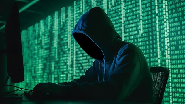 Hacker in hoodie typing on computer with green matrix code background computer internet security