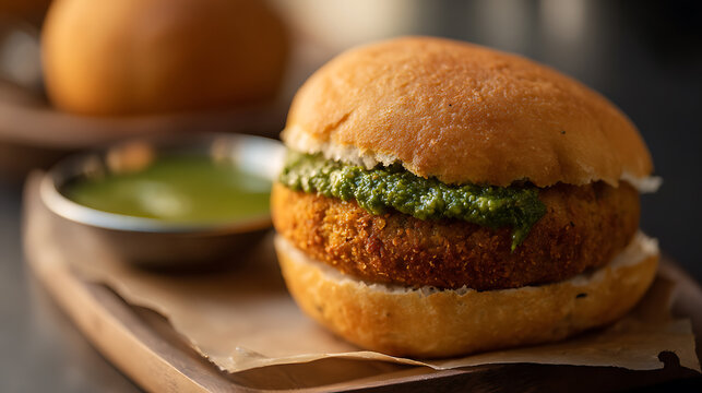 Vada Pav, Famous Mumbai Street Food with Spicy Potato Fritter Inside Bun, Served with Chutney, Traditional Maharashtrian Snack in India