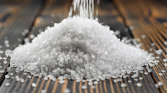 Closeup of coarse salt crystals being poured onto a rustic wooden surface.