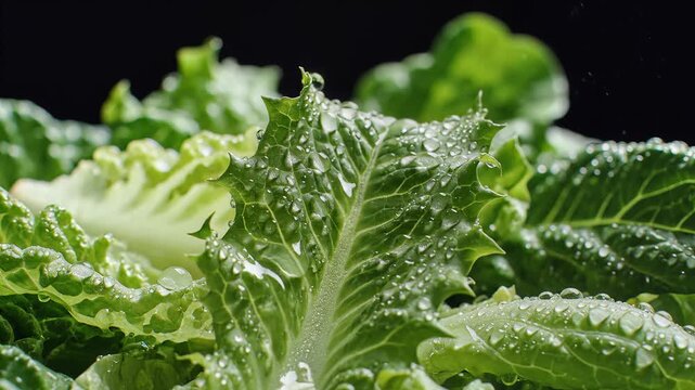 Fresh Lettuce Leaves with Water Droplets Falling on Black Background.