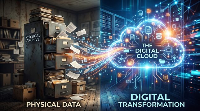 Digital transformation contrasting physical data archives with a futuristic cloud network, transformation