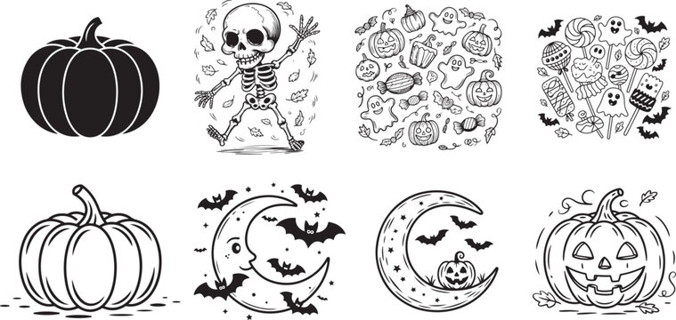 Halloween silhouettes black icon and character. Design of witch, creepy and spooky elements for Halloween decorations, sketch, icon, sticker. Hand drawn vector icon set