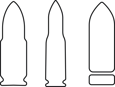 Gun bullets ammunition cartridge set collection group icons, firearm ammo vector pack, military projectile casing silhouette and outline flat line black style isolated design elements