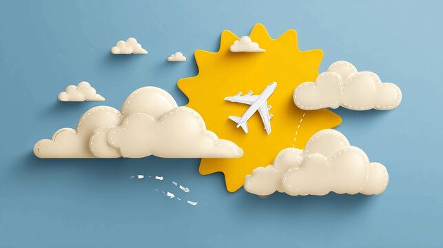 Plan your next getaway with this delightful cartoon airplane soaring through sunny skies and fluffy clouds, perfect for travel agencies and vacation promotions, inviting wanderlust