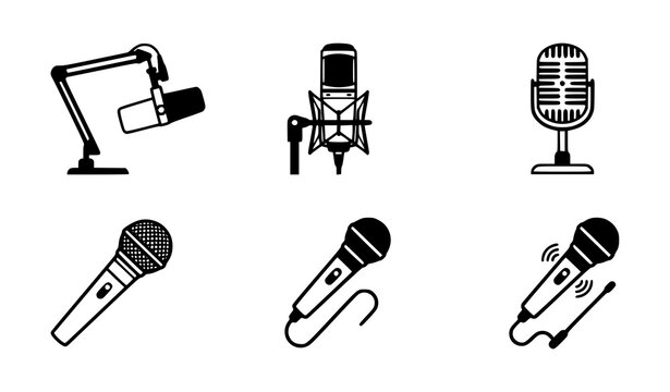 Microphone icon set with karaoke podcast and studio mic symbols for web and mobile vector design