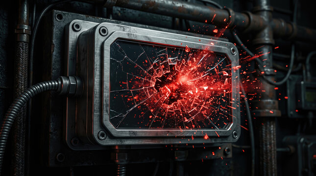 Shattered glass exploding with glowing red energy in dark steampunk industrial scene