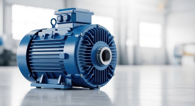 A powerful electric motor featuring a blue metal casing and cooling fins sits on a factory floor, showcasing precision industrial engineering design, automation, drive, technology
