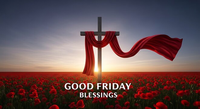 Good friday blessings with red poppies and cross holy day religious observance spring flowers