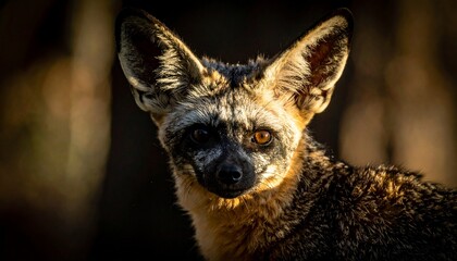 Obraz premium A stunning close up portrait of a bat eared fox with large ears and piercing eyes captured in soft natural golden hour lighting outdoors.