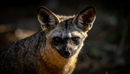 Obraz premium Close up portrait of an adult bat eared fox with large ears looking at the camera in a natural habitat setting during the golden hour light.