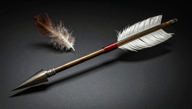A traditional wooden arrow with white fletching and a metal tip placed alongside a single soft brown feather on a textured black background.
