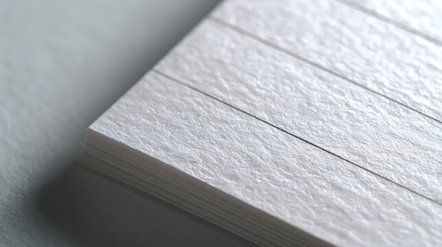Close-up stack of white textured paper cards with subtle horizontal lines, showcasing premium raw material quality and elegant design details