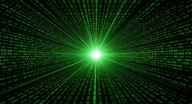 Glowing green binary code tunnel receding into the distance with a bright light source representing digital data stream matrix or programming concept futuristic technology programming computing