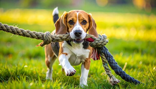 An adorable beagle puppy playing with a tug rope toy in a lush green park on a sunny day during an outdoor leisure activity in the summer.