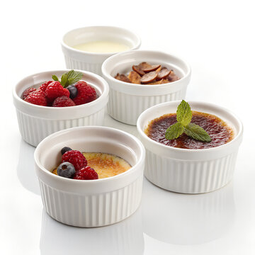 Delicious dessert ramekins, sweet treats, creamy desserts, gourmet cuisine isolated on White Background