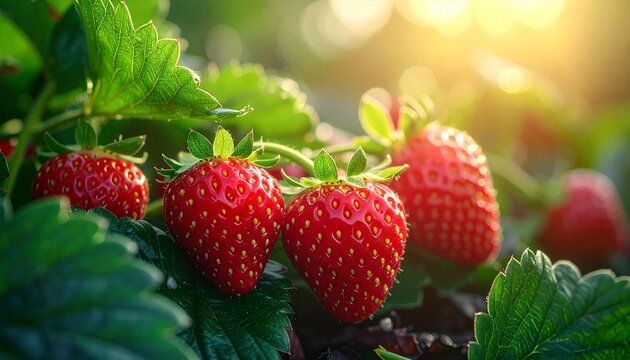 Fresh ripe red strawberries growing on green vines in a sunny garden patch with beautiful soft natural golden light and blurred background.
