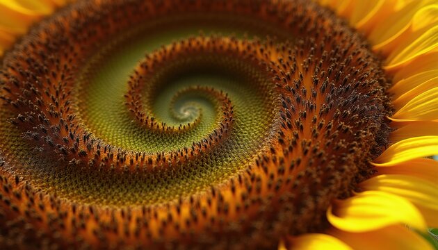 Sunflower seed center shows natural spiral pattern. Seeds form abstract geometry with Fibonacci sequence. Macro view reveals organic texture, growth, and botanical detail of nature.