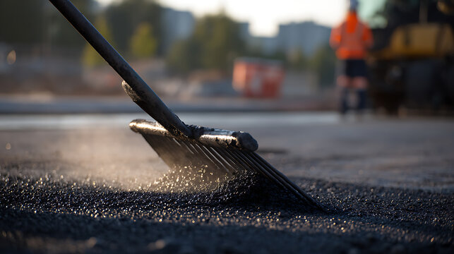 A close-up view of a worker spreading hot asphalt with a rake during road construction, illuminated by golden hour sunlight, focus on detail, outdoor work