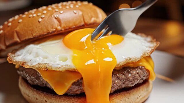 A delicious gourmet cheeseburger topped with a fried egg being pierced by a fork.