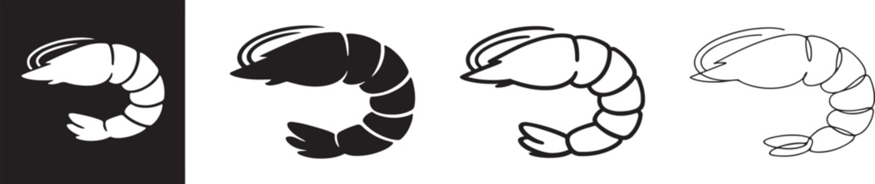 Shrimp icon set with silhouette, outline, and line art styles.