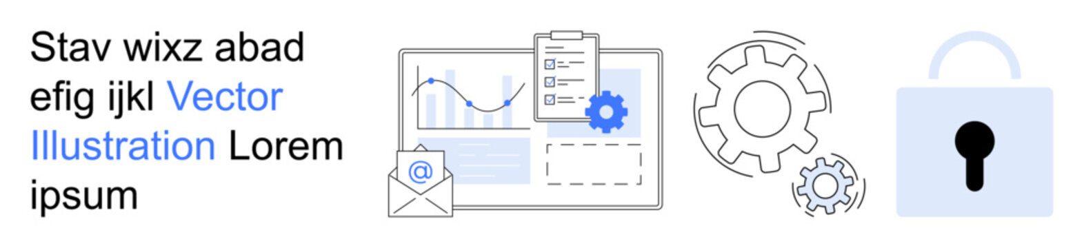 Data security, analytics, digital workflows, cybersecurity tools, information protection, encryption. Gears, lock email and document visually . Data security and analytics concept
