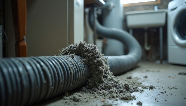 Clogged dryer vent hose full of lint and dust in a dirty basement laundry room. Appliance needs cleaning and maintenance for safety and efficiency. Risk of fire from neglected debris accumulation.