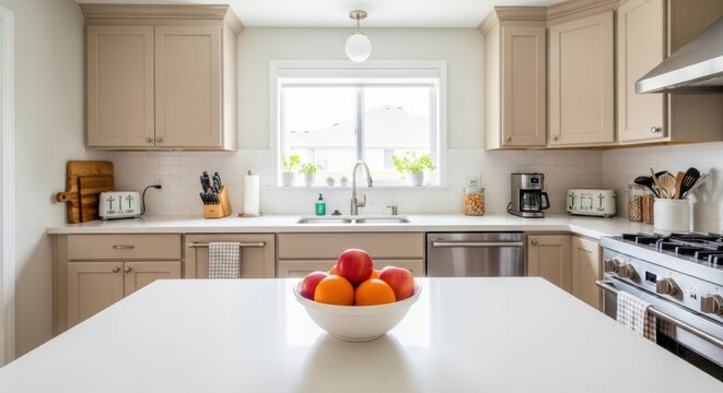 Bright modern kitchen interior with white island and beige cabinetry for home design background and real estate listing