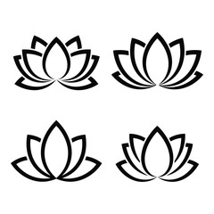 Fototapeta premium Black Lotus Flower Icons Set Isolated on White Background, Minimalist Vector Illustrations