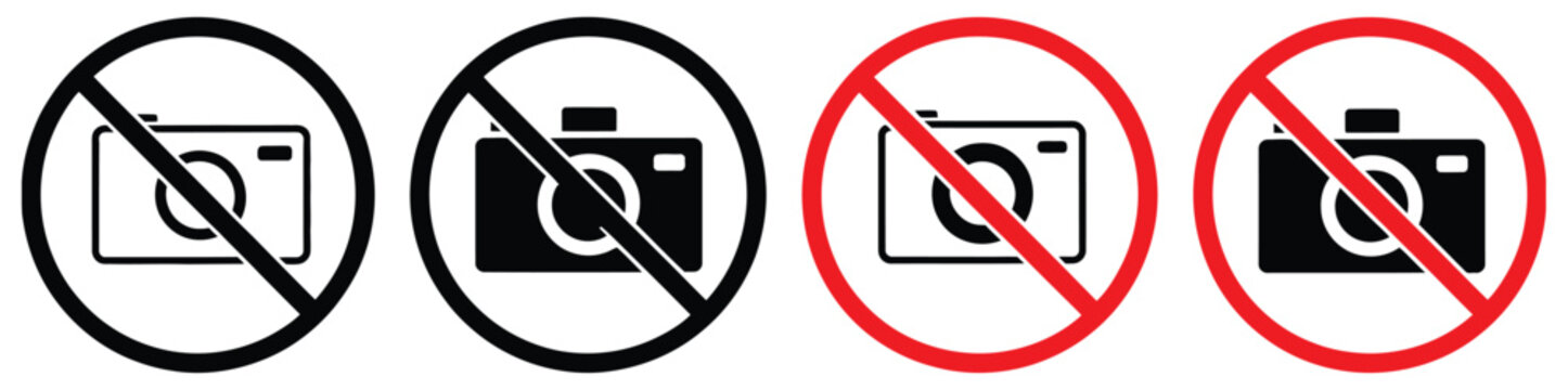 No recording icons set showing crossed camera and microphone symbols for recording prohibition, privacy protection, and security warning visuals.
