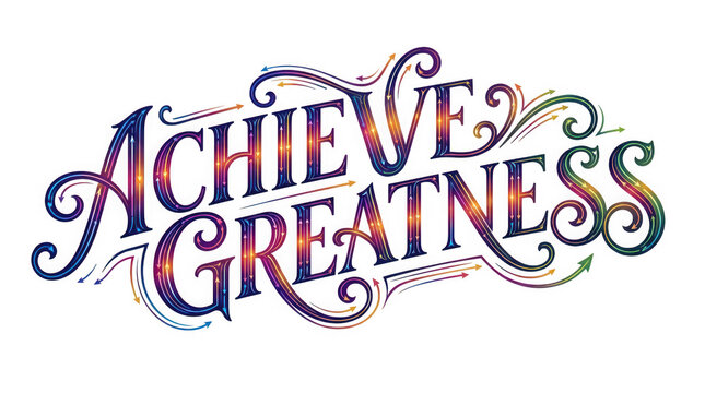 Achieve greatness typography design with colorful glowing light effects isolated on transparent background