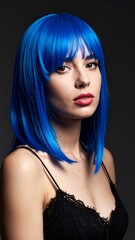 Fototapeta premium A beautiful young woman with bright blue hair wearing a stylish black lace dress looking at the camera against a dark minimalist background.
