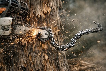 Fototapeta premium A chainsaw is used to cut down a tree, often for logging or land clearing purposes