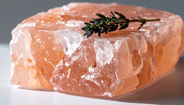 Raw Himalayan Pink Rock Salt Crystal with Fresh Green Herb Garnish