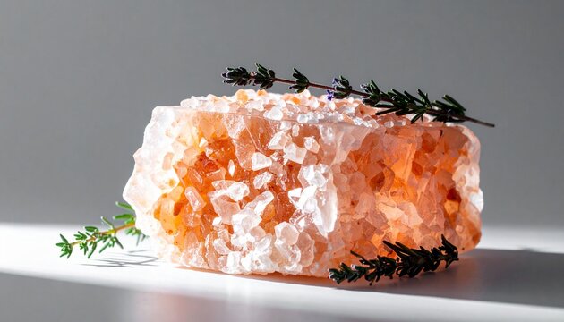 Raw Himalayan Pink Rock Salt Crystal with Fresh Green Herb Garnish