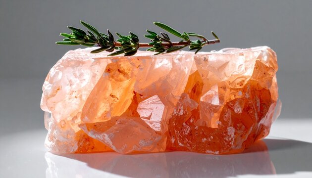Raw Himalayan Pink Rock Salt Crystal with Fresh Green Herb Garnish