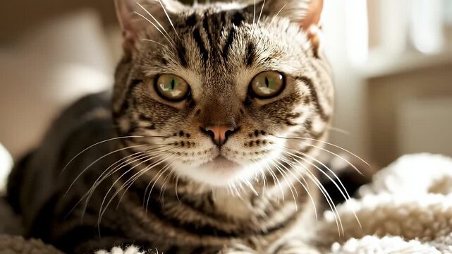 Tabby Cat Resting Calmly on Soft Blanket in Warm Sunlit Room